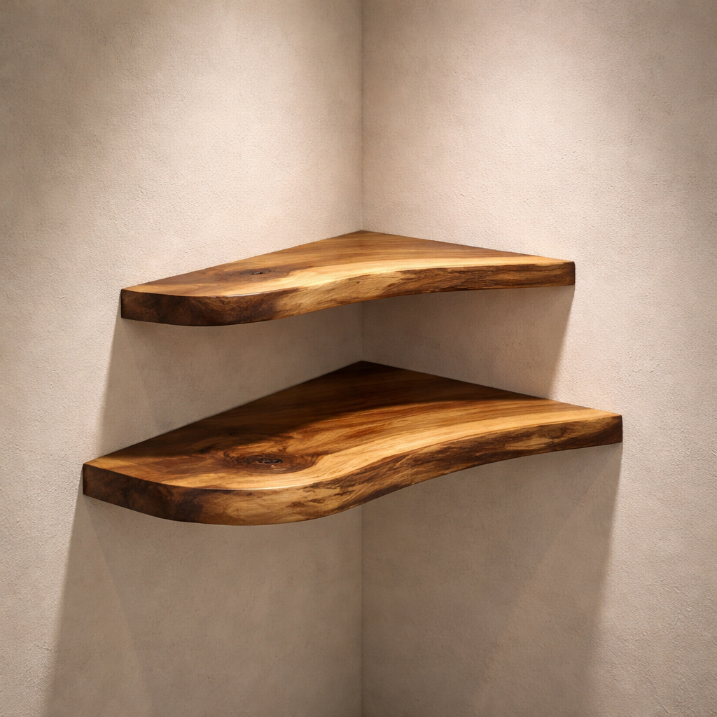 Handcrafted Solid Wood Corner Shelf With Live-Edge Design