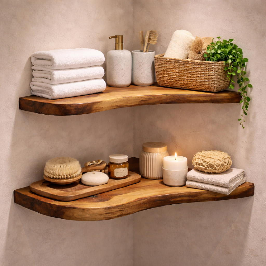 Handcrafted Solid Wood Corner Shelf With Live-Edge Design
