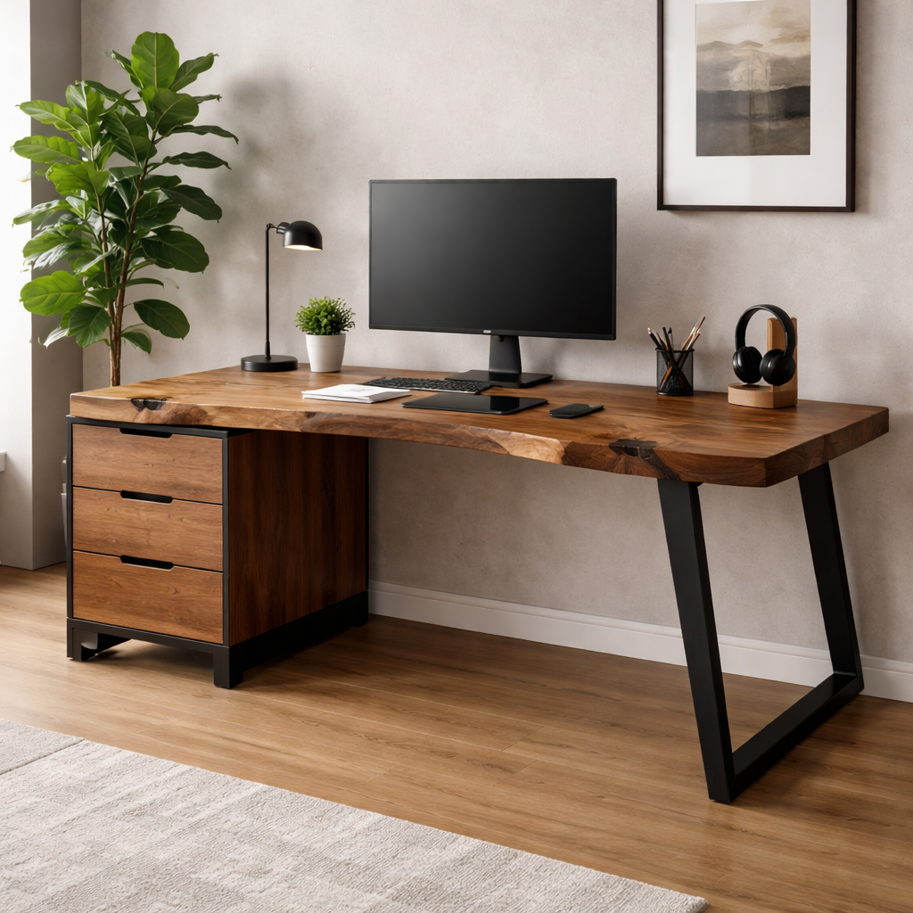 Handcrafted Solid Wood Desk With Live-Edge Top and Metal Base