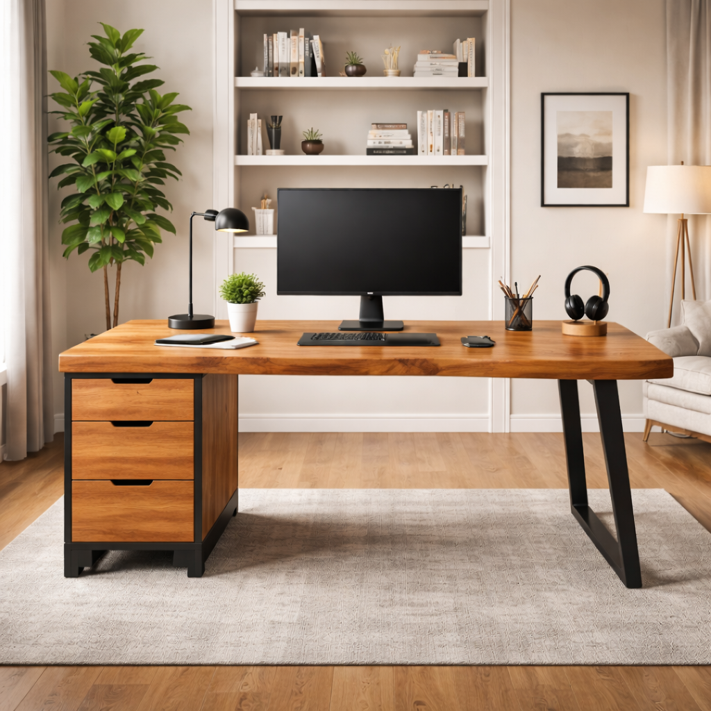 Handcrafted Solid Wood Desk With Live-Edge Top and Metal Base