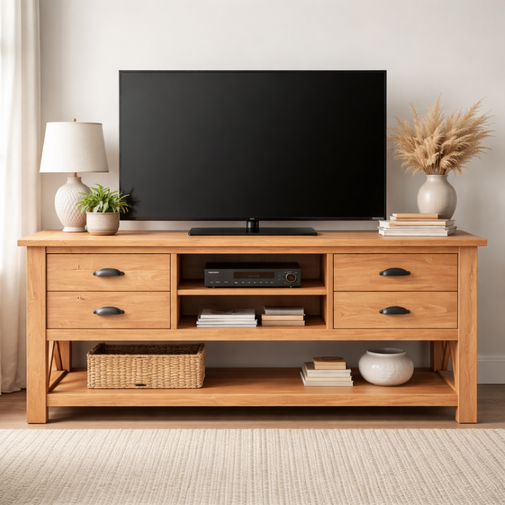 Handcrafted Solid Wood TV Console With Drawers And Open Shelving