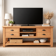 Handcrafted Solid Wood TV Console With Drawers And Open Shelving