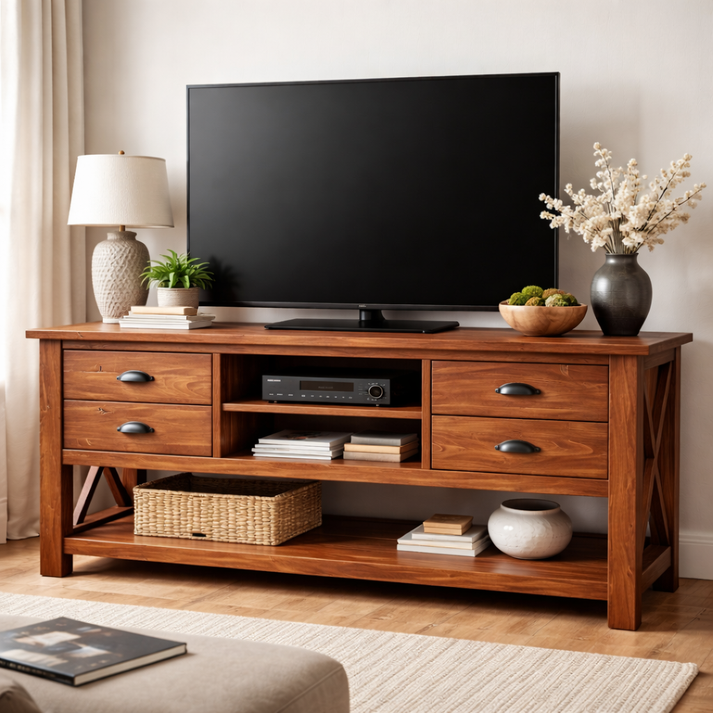 Handcrafted Solid Wood TV Console With Drawers And Open Shelving