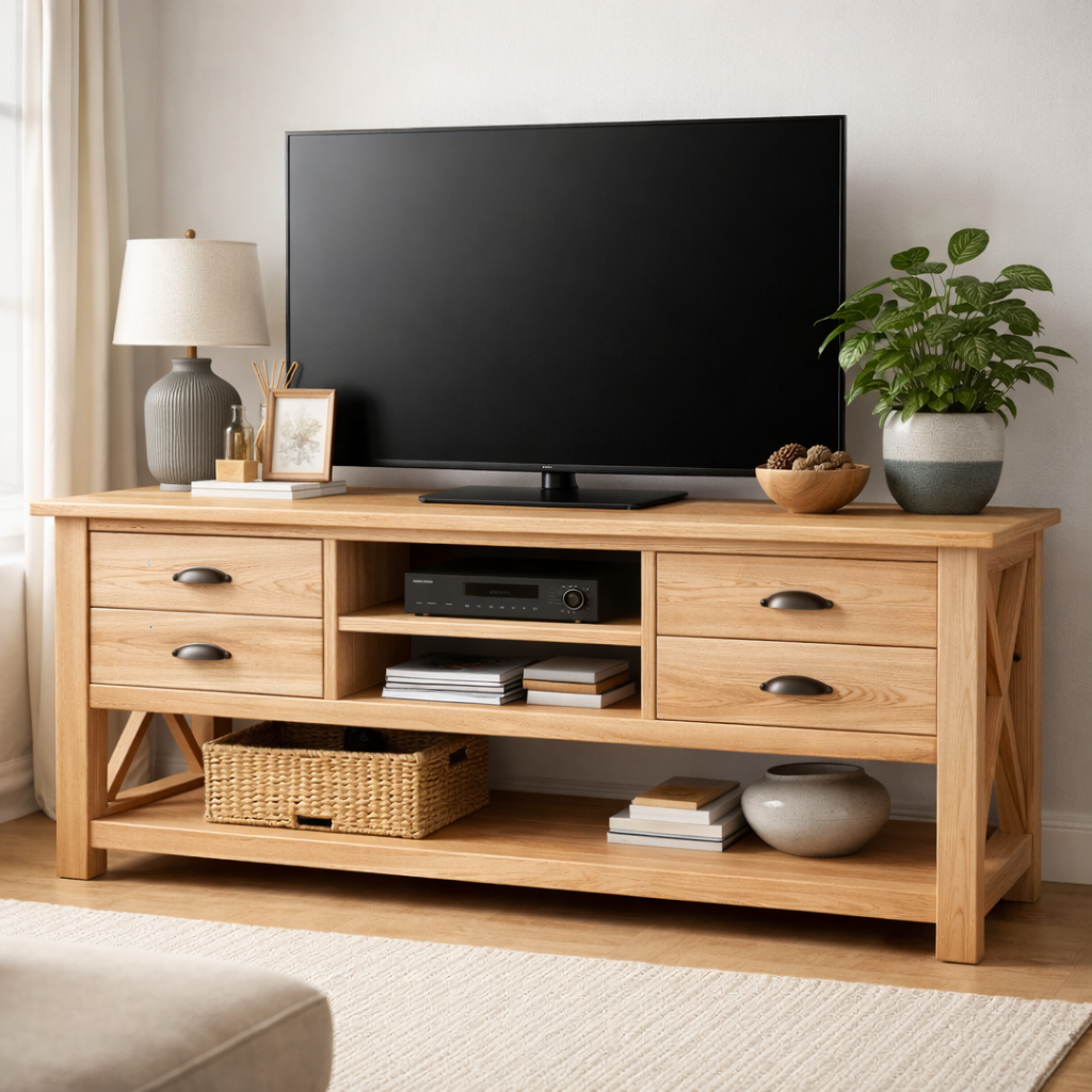Handcrafted Solid Wood TV Console With Drawers And Open Shelving