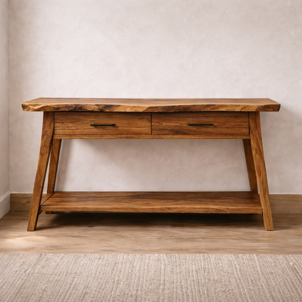 Handcrafted Solid Wood Console Table With Live-Edge Top and Storage Drawers
