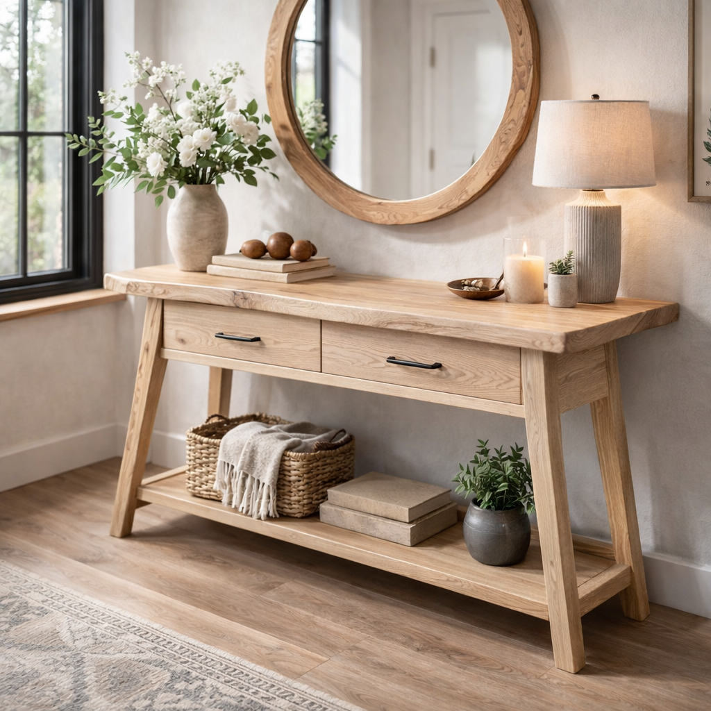 Handcrafted Solid Wood Console Table With Live-Edge Top and Storage Drawers