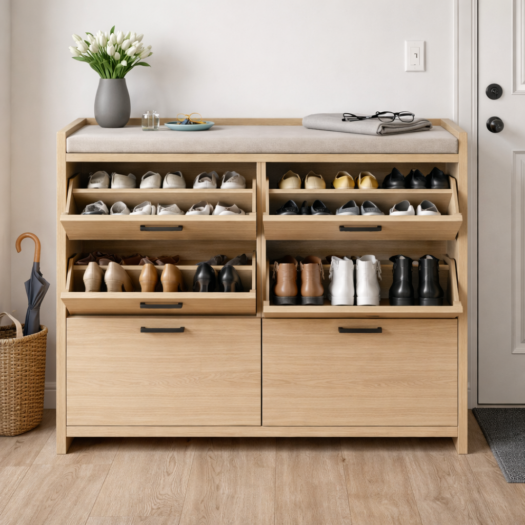 Handcrafted Solid Wood Shoe Cabinet With Tilted Drawers and Storage