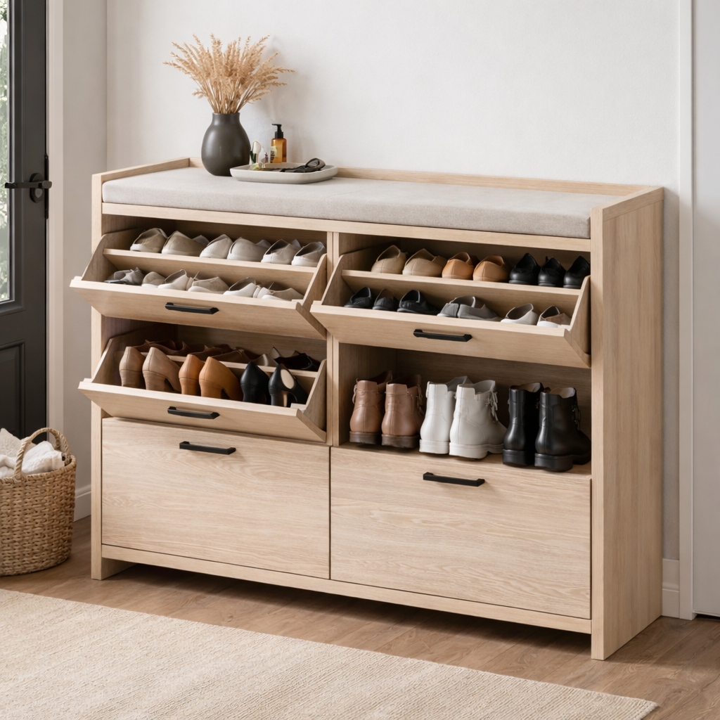 Handcrafted Solid Wood Shoe Cabinet With Tilted Drawers and Storage