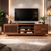 Handcrafted Solid Wood TV Cabinet With Slatted Doors and Open Shelving