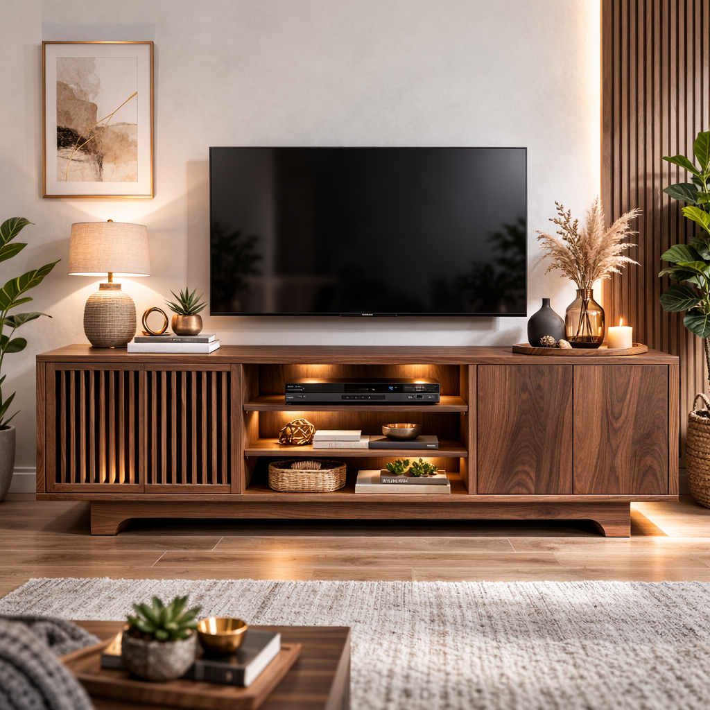 Handcrafted Solid Wood TV Cabinet With Slatted Doors and Open Shelving