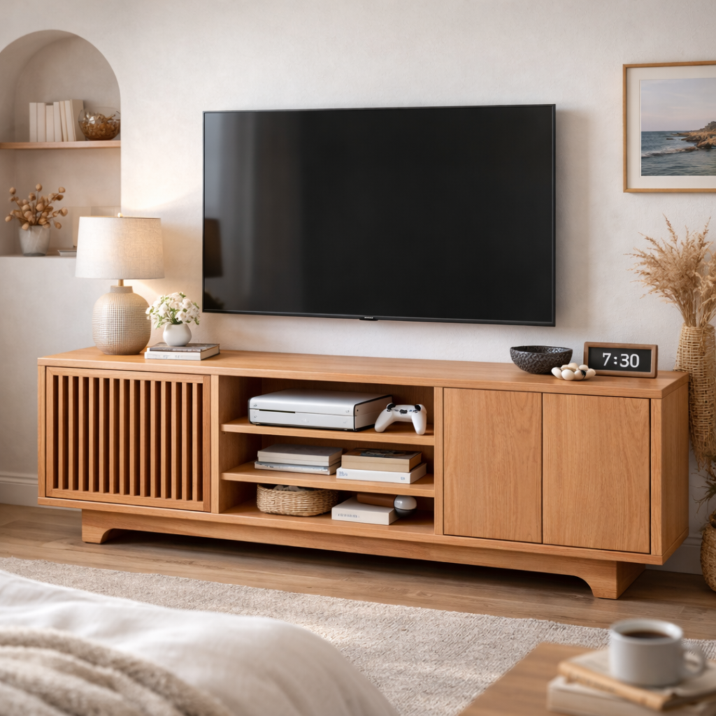 Handcrafted Solid Wood TV Cabinet With Slatted Doors and Open Shelving