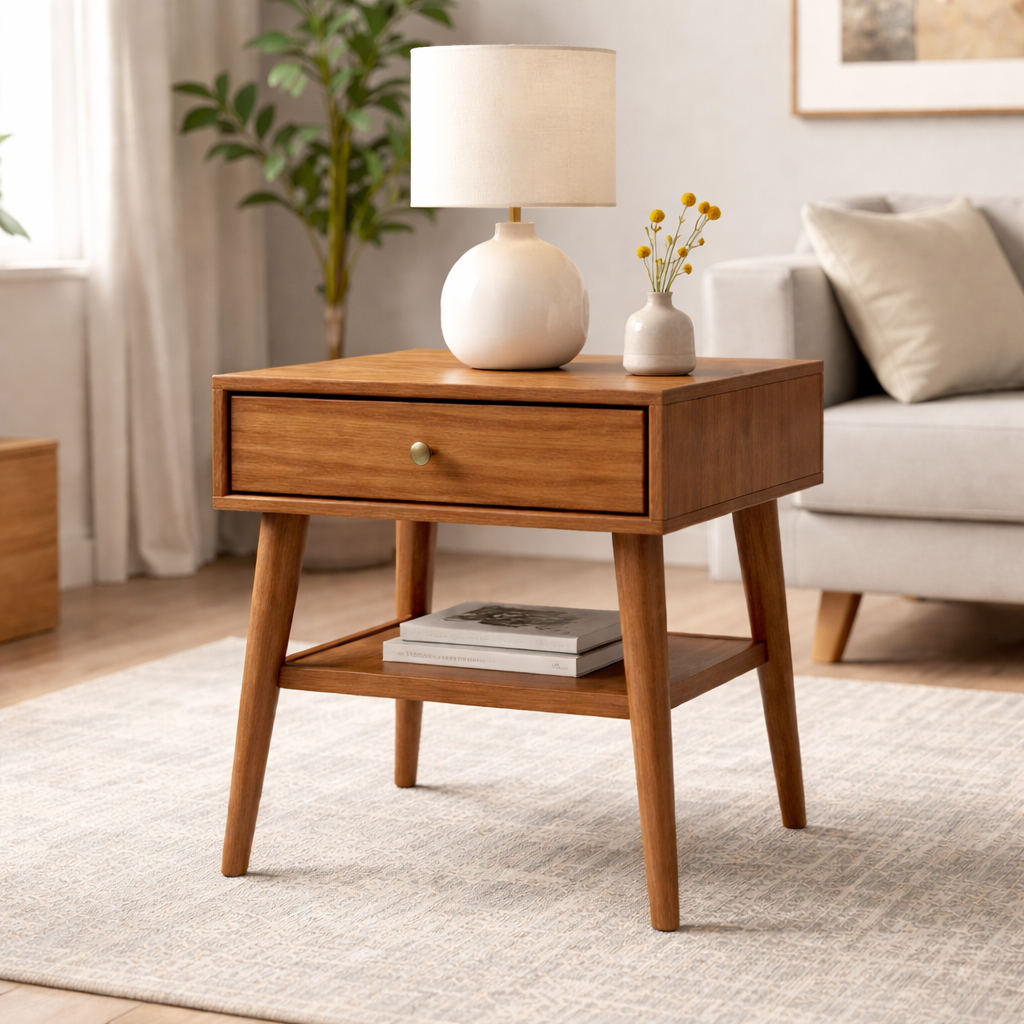 Handcrafted Solid Wood Side Table With Drawer and Open Shelf