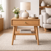 Handcrafted Solid Wood Side Table With Drawer and Open Shelf