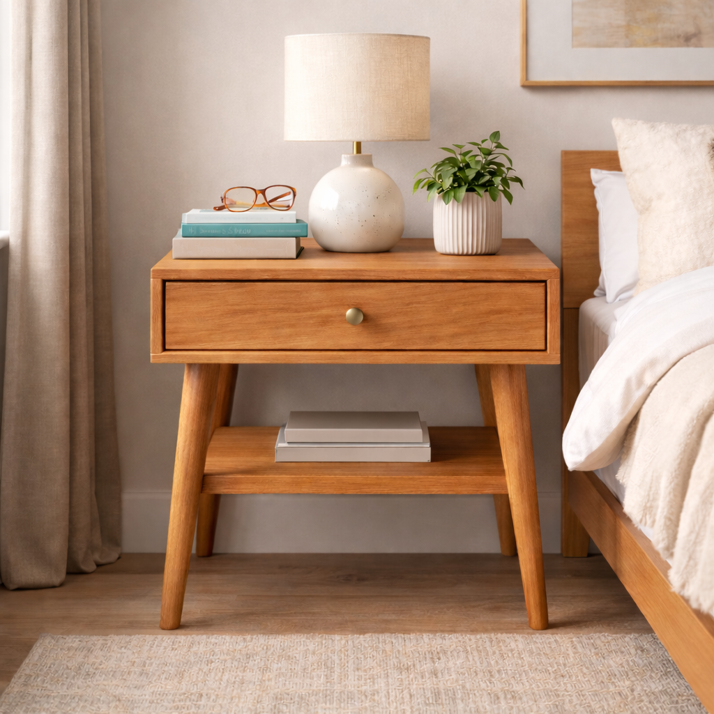 Handcrafted Solid Wood Side Table With Drawer and Open Shelf