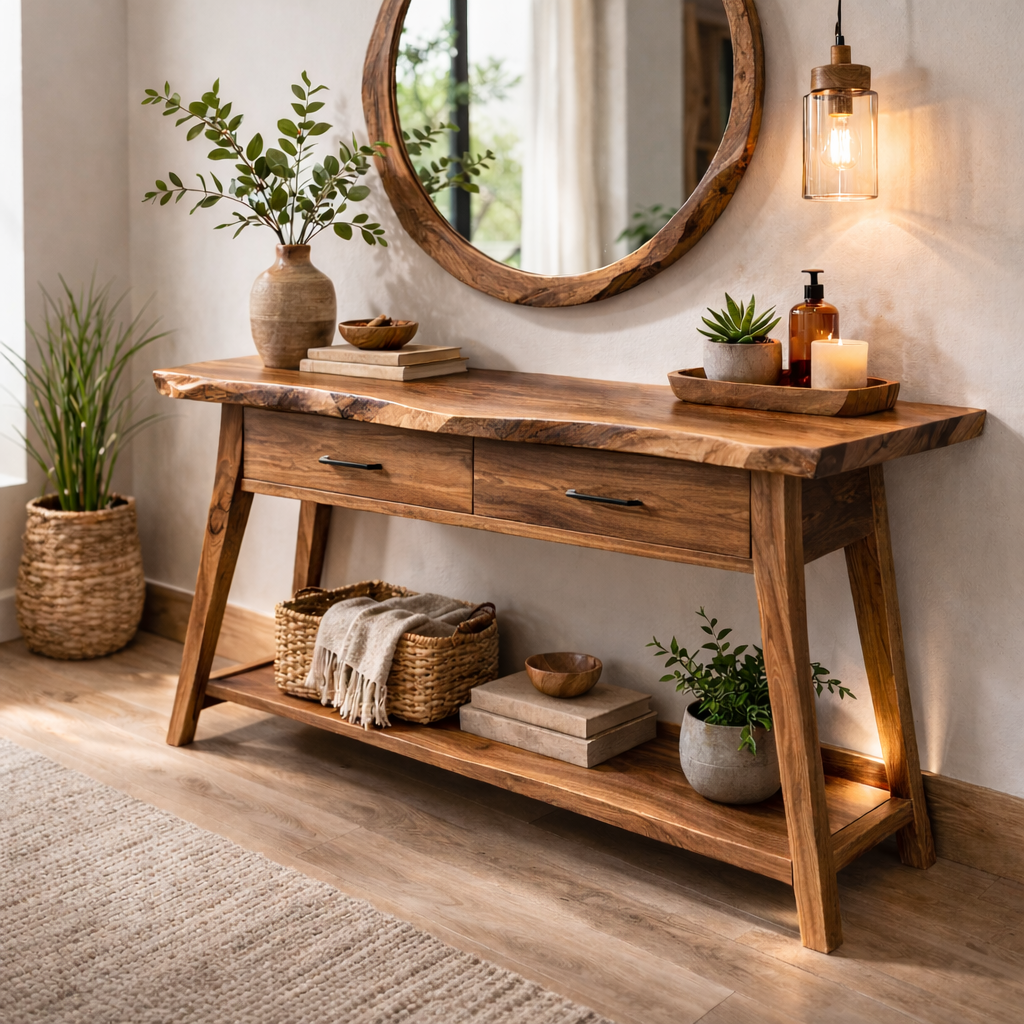 Handcrafted Solid Wood Console Table With Live-Edge Top and Storage Drawers