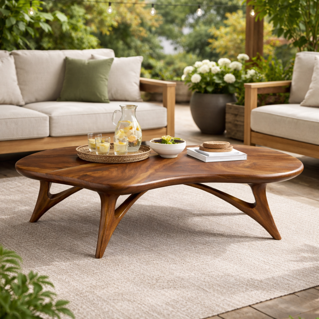 Handcrafted Solid Wood Coffee Table With Sculptural Curved Base