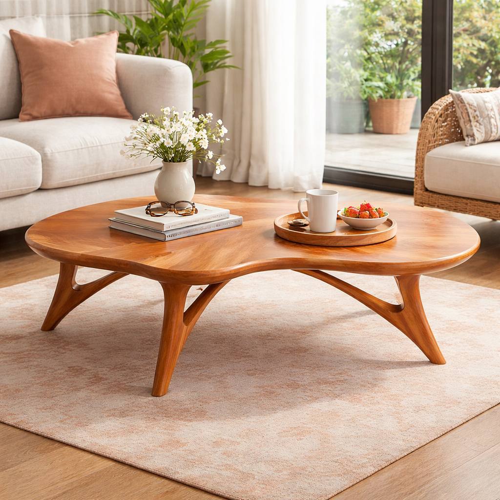 Handcrafted Solid Wood Coffee Table With Sculptural Curved Base
