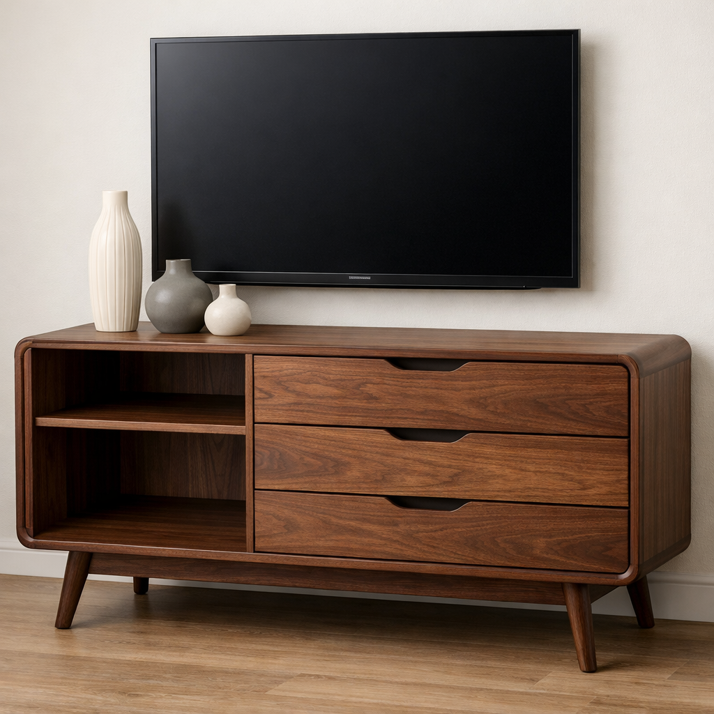 Handcrafted Solid Wood TV Console With Drawers and Open Storage