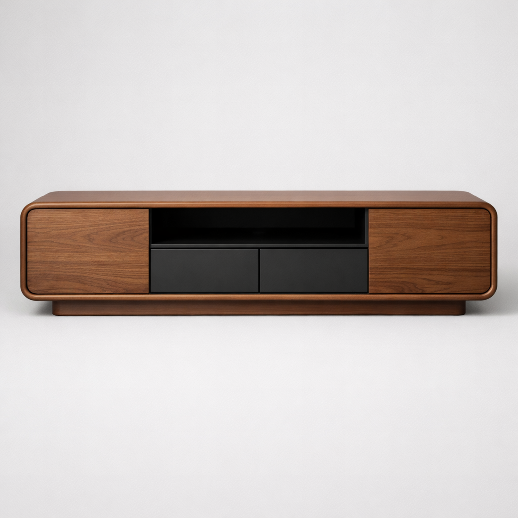 Artisan Handcrafted Solid Wood TV Stand With Curved Design and Storage