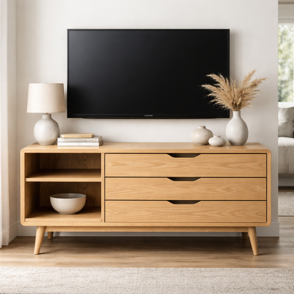 Handcrafted Solid Wood TV Console With Drawers and Open Storage