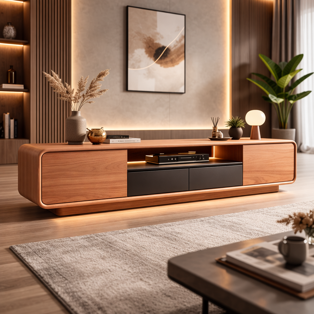 Artisan Handcrafted Solid Wood TV Stand With Curved Design and Storage