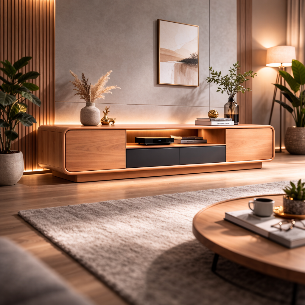 Artisan Handcrafted Solid Wood TV Stand With Curved Design and Storage