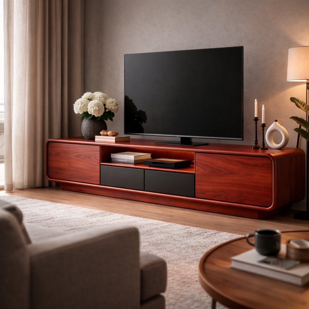 Artisan Handcrafted Solid Wood TV Stand With Curved Design and Storage