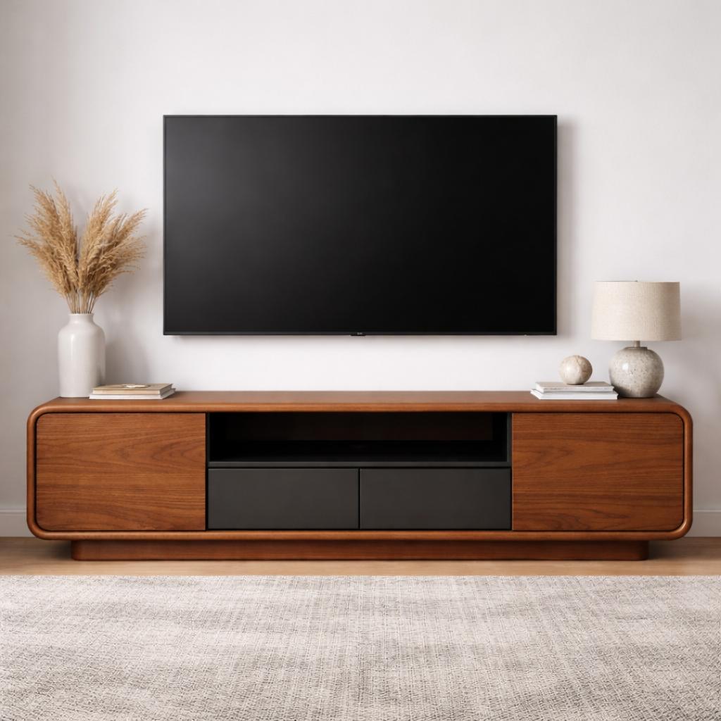 Artisan Handcrafted Solid Wood TV Stand With Curved Design and Storage