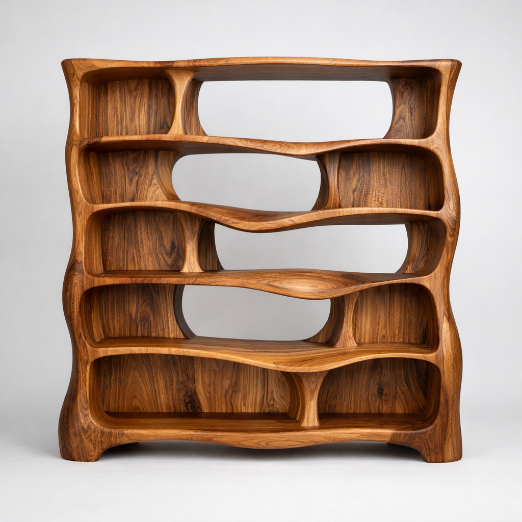 Sculptural Solid Wood Bookshelf With Organic Curves and Open Storage