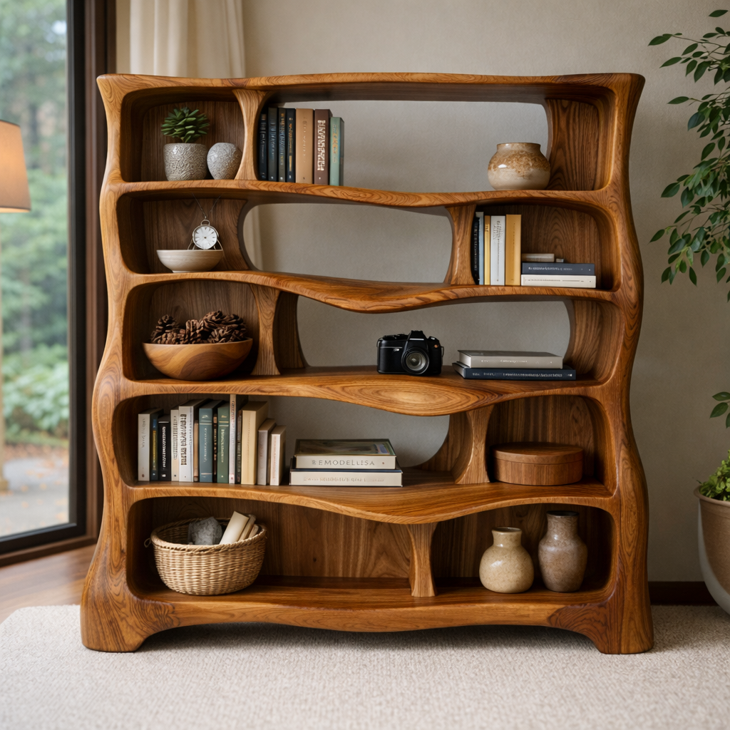 Sculptural Solid Wood Bookshelf With Organic Curves and Open Storage
