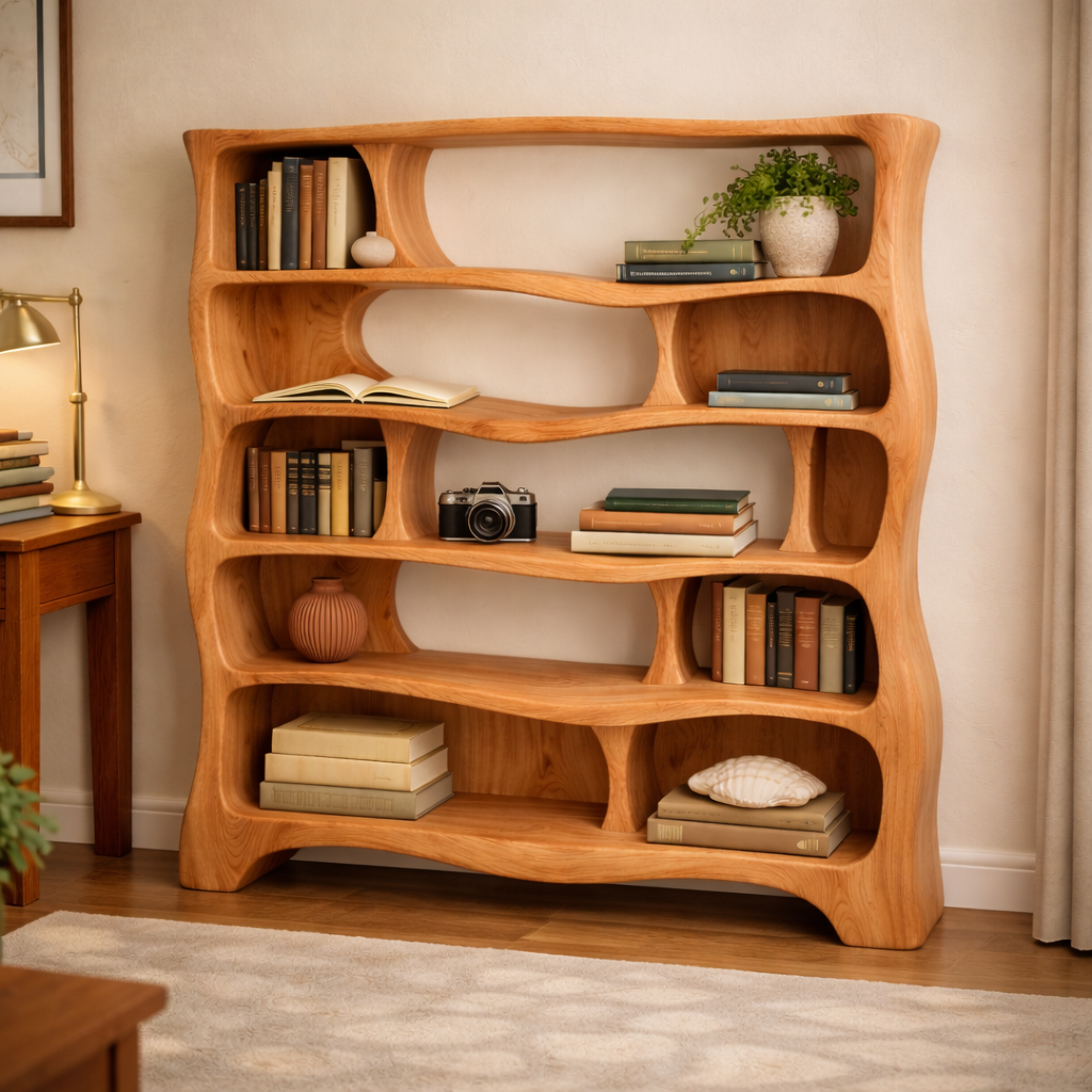 Sculptural Solid Wood Bookshelf With Organic Curves and Open Storage