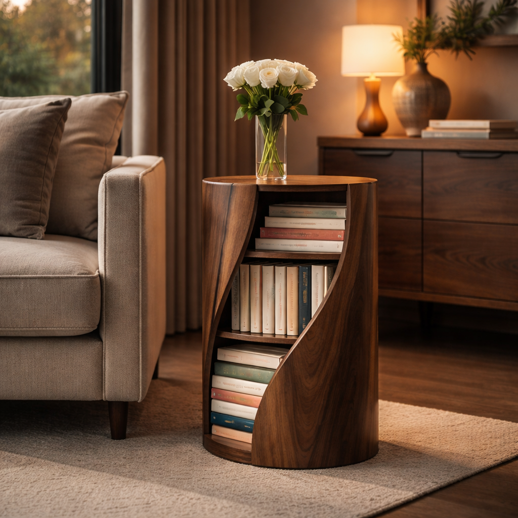 Sculptural Solid Wood Bookcase with Spiral Shelving