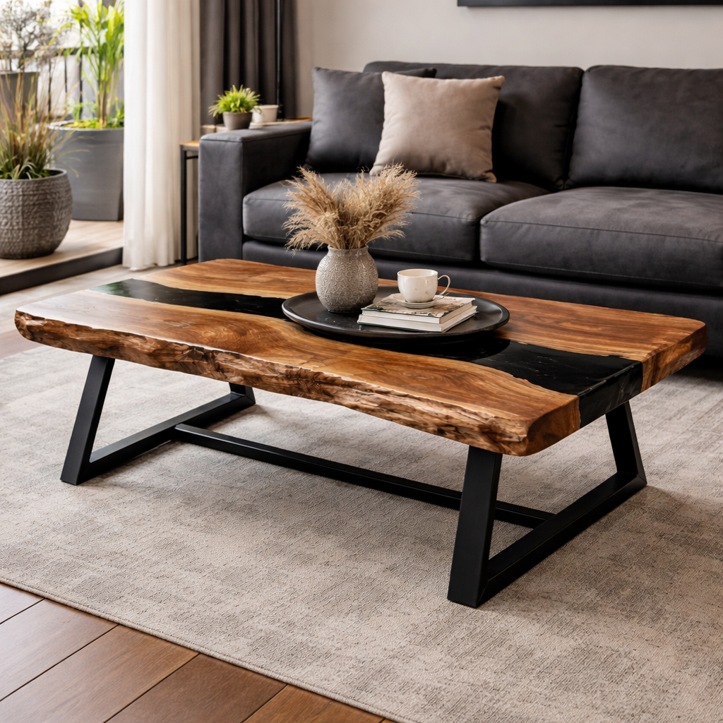 Live Edge Wood Coffee Table with Black Resin Inlay