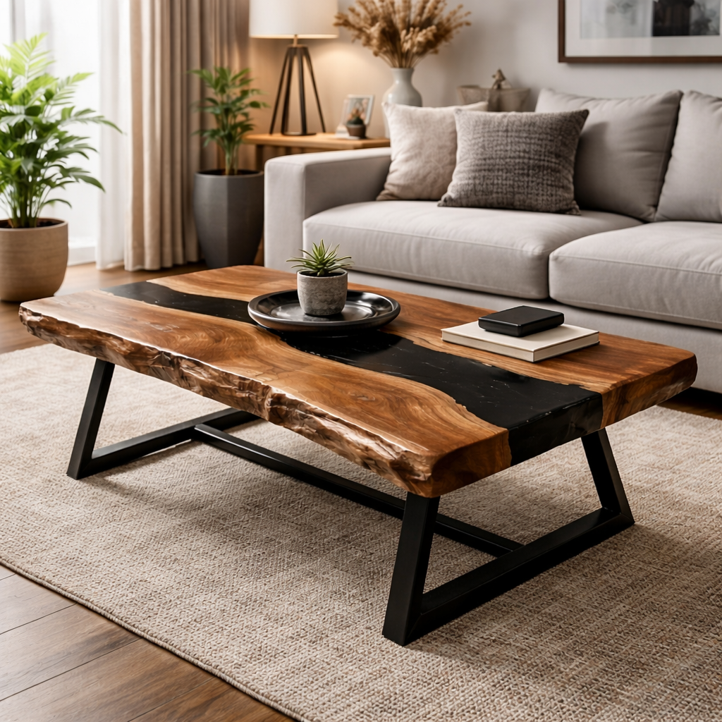 Live Edge Wood Coffee Table with Black Resin Inlay