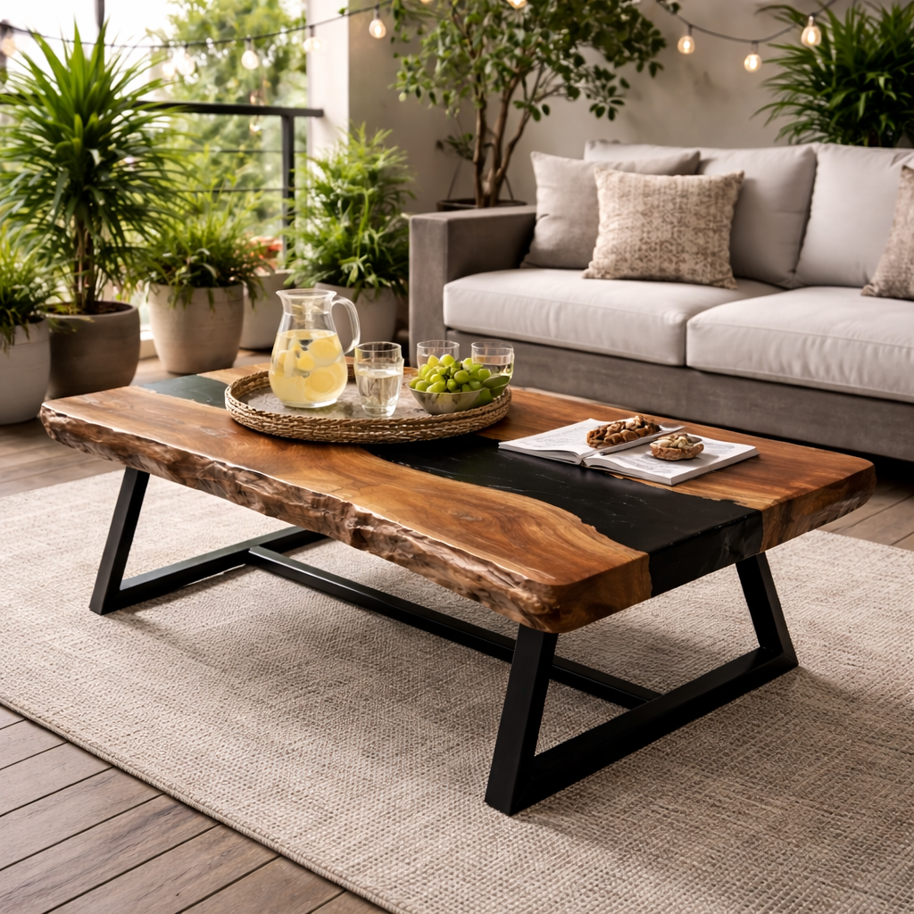 Live Edge Wood Coffee Table with Black Resin Inlay