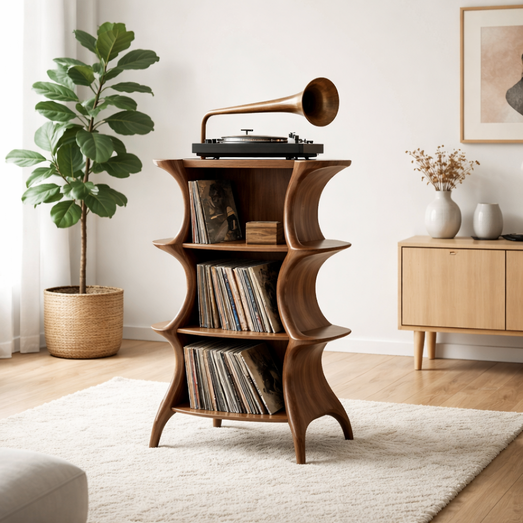 Sculptural Solid Wood Record Stand with Vintage Turntable Shelf