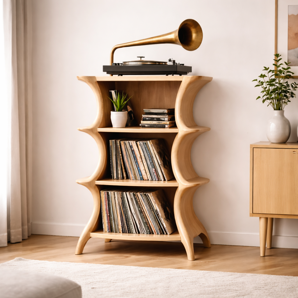 Sculptural Solid Wood Record Stand with Vintage Turntable Shelf