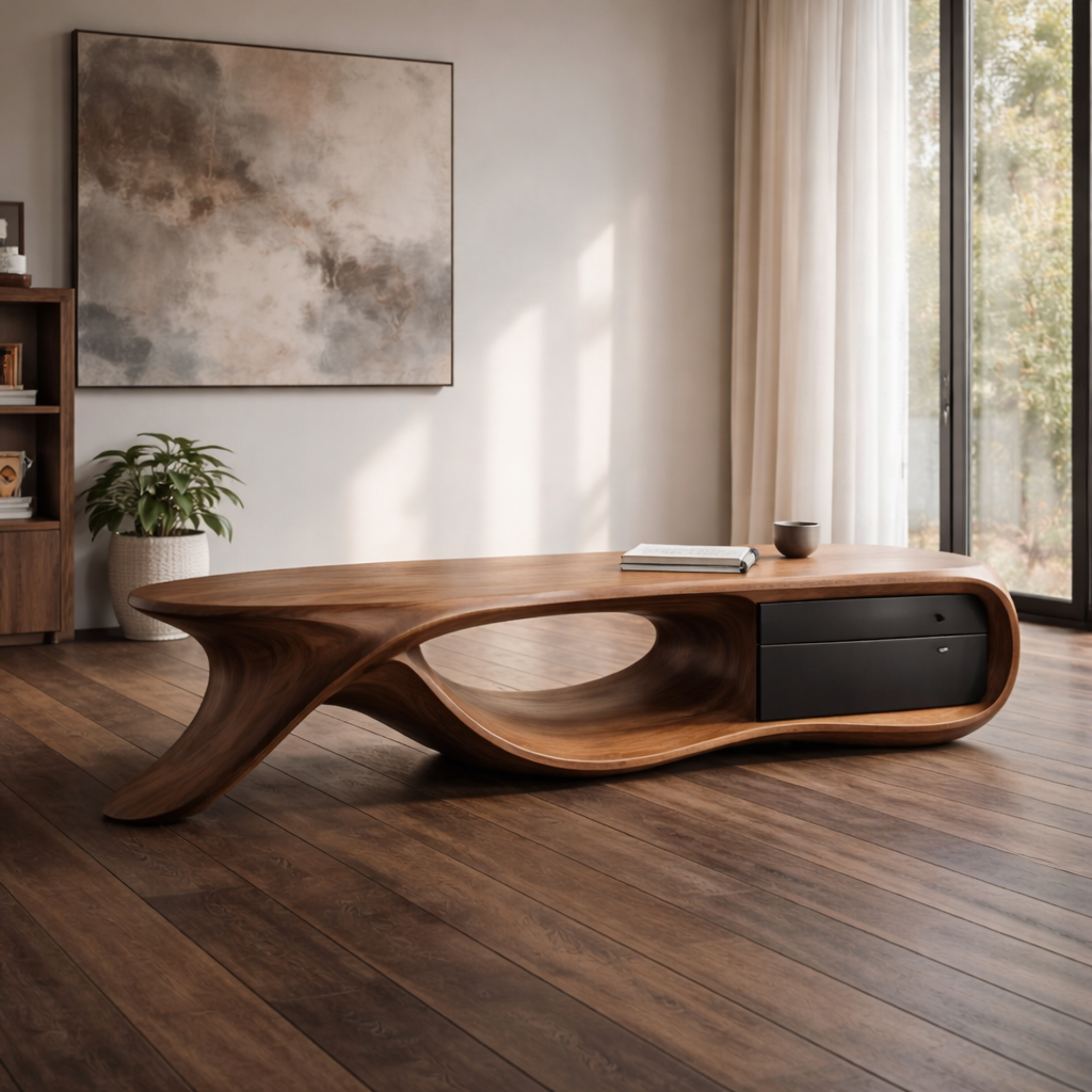 Curved Design Coffee Table With Storage Drawer for Home Office