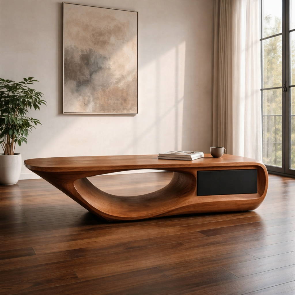 Sculptural Coffee Table with Curved Live Edge Design and Hidden Storage