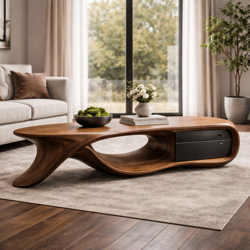 Curved Design Coffee Table With Storage Drawer for Home Office