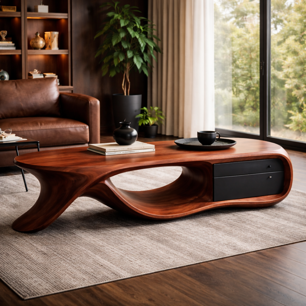 Curved Design Coffee Table With Storage Drawer for Home Office