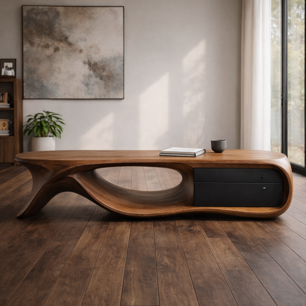 Curved Design Coffee Table With Storage Drawer for Home Office