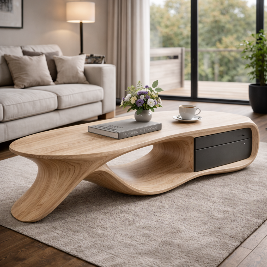 Curved Design Coffee Table With Storage Drawer for Home Office