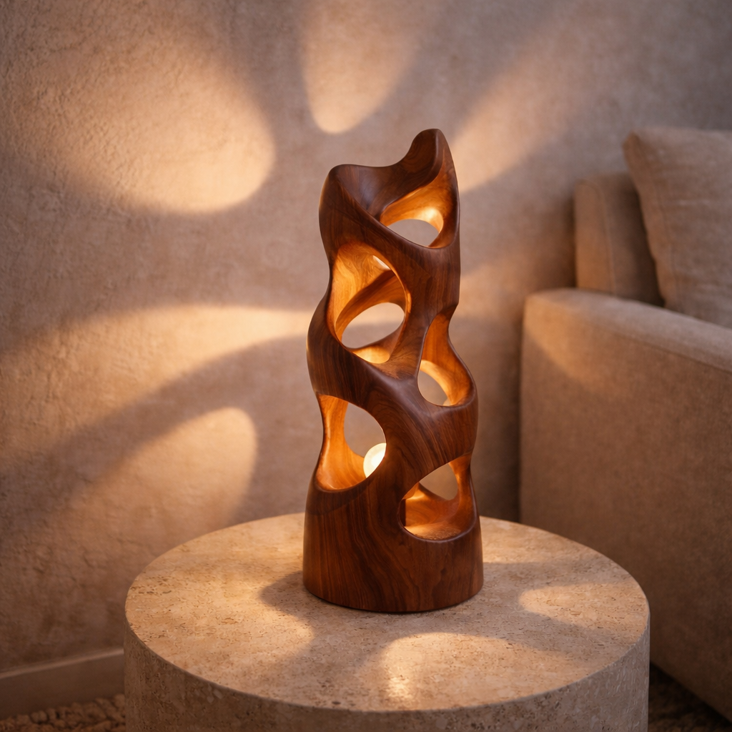 Sculptural Wooden Table Lamp with Carved Glow and Organic Form