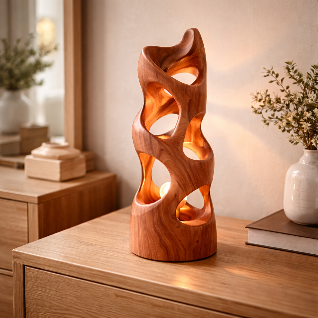 Sculptural Wooden Table Lamp with Carved Glow and Organic Form