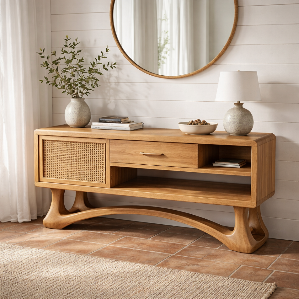 Modern Wooden Console Table with Cane Door and Sculptural Base