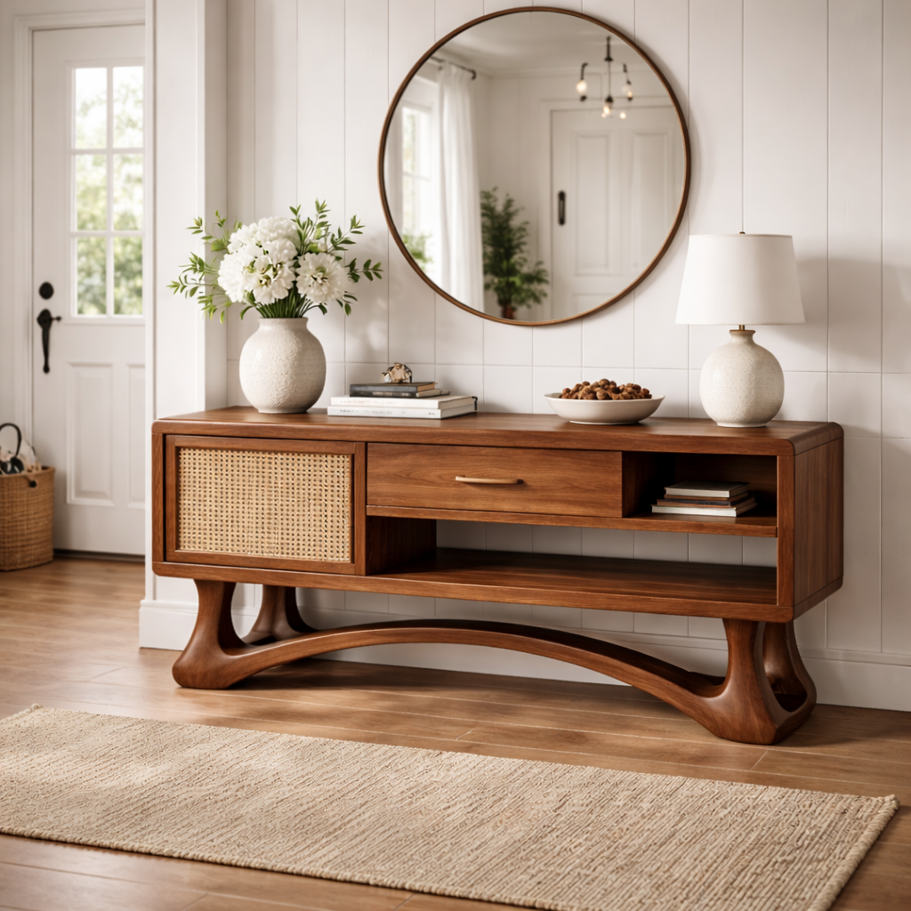 Modern Wooden Console Table with Cane Door and Sculptural Base