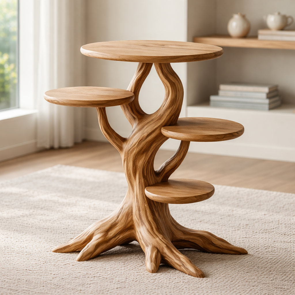 Sculptural Wooden End Table with Organic Tree-Inspired Design