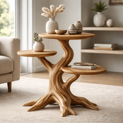 Sculptural Wooden End Table with Organic Branch Base and Tiered Tops
