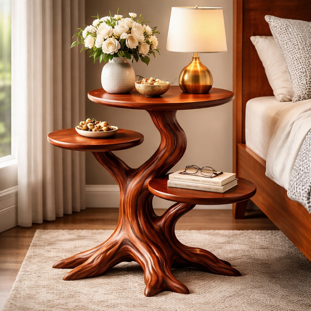 Sculptural Wooden End Table with Organic Branch Base and Tiered Tops
